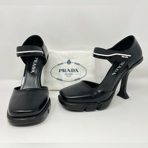 Prada Mary Jane Platform Logo High Heels Pumps Black Leather Square Toe 37 7